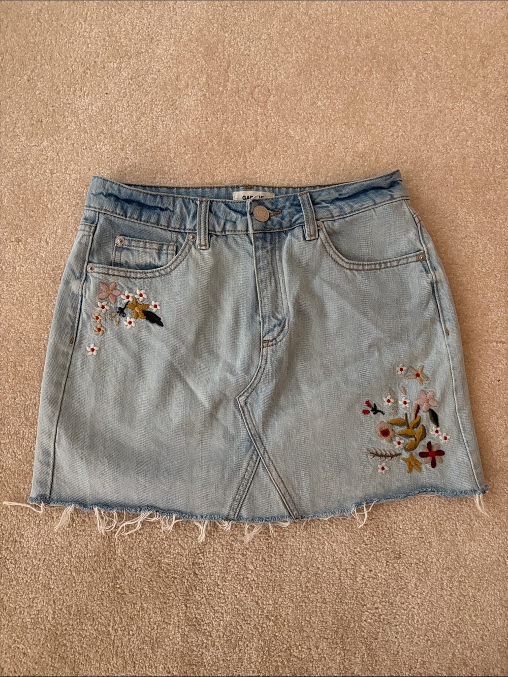 Garage Light Blue Embroidered Denim Mini Skirt with Floral Details